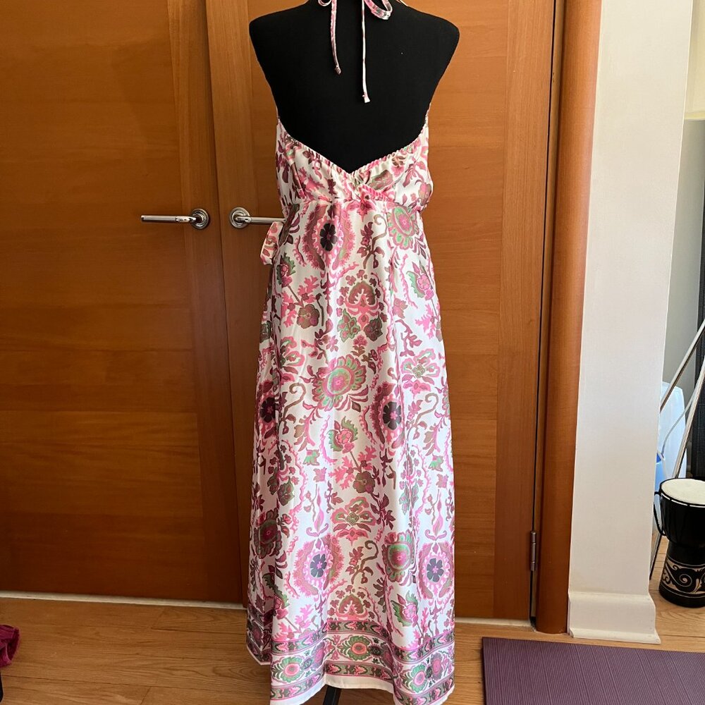 Floral Print Satin Wrap Midi Dress New, Size S/M - Picture 2 of 5
